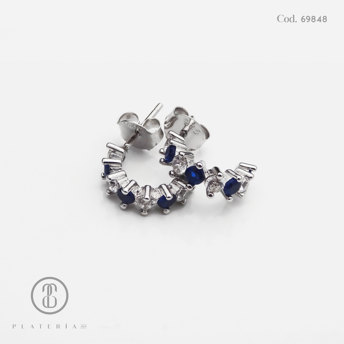 ARETE RODINADO MEDIA ARGOLLA ZIRCON AZUL PLATA.925