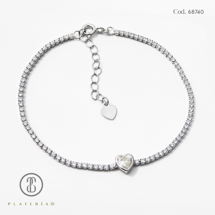 PULSERA RODINADA TENNIS CORAZON PLATA.925