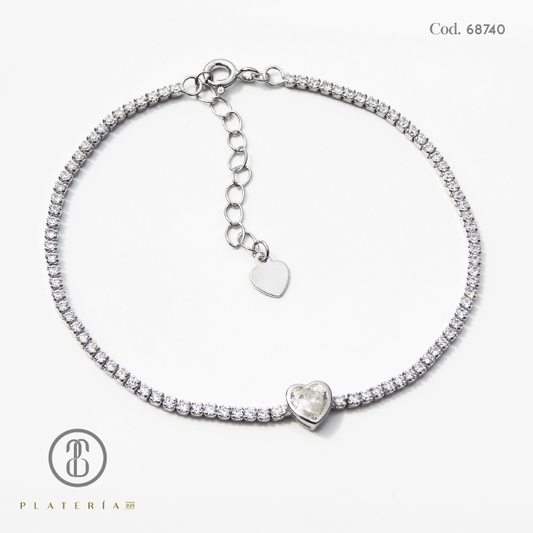 PULSERA RODINADA TENNIS CORAZON PLATA.925