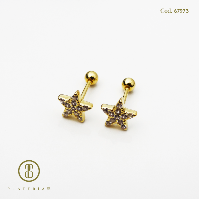 ARETE DORADO BAÑO 14K ESTRELLA CIERRE BOLITA PLATA.925