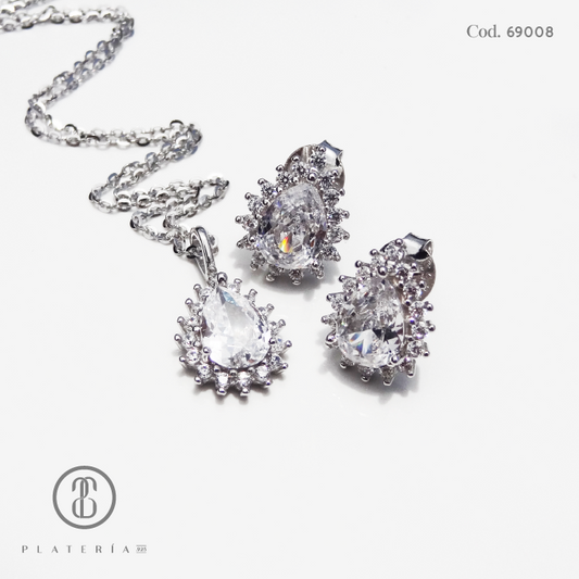 JUEGO RODINADO GOTA ZIRCON PLATA.925