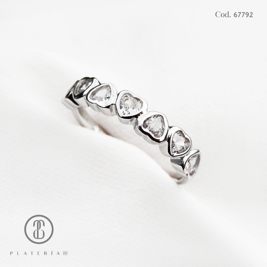ANILLO RODINADO CORAZONES ZIRCON PLATA.925