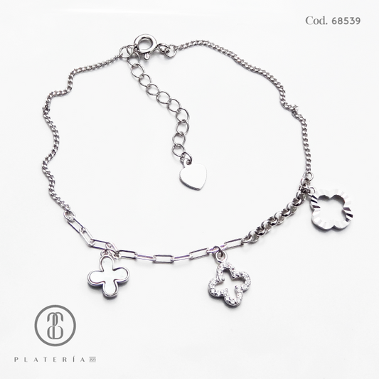 PULSERA RODINADA TREBOL 17*3CM PLATA.925