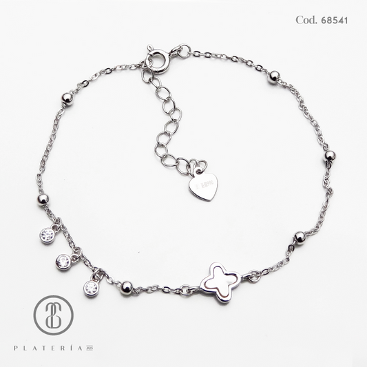 PULSERA RODINADA TREBOL NACAR 17*3CM PLATA.925