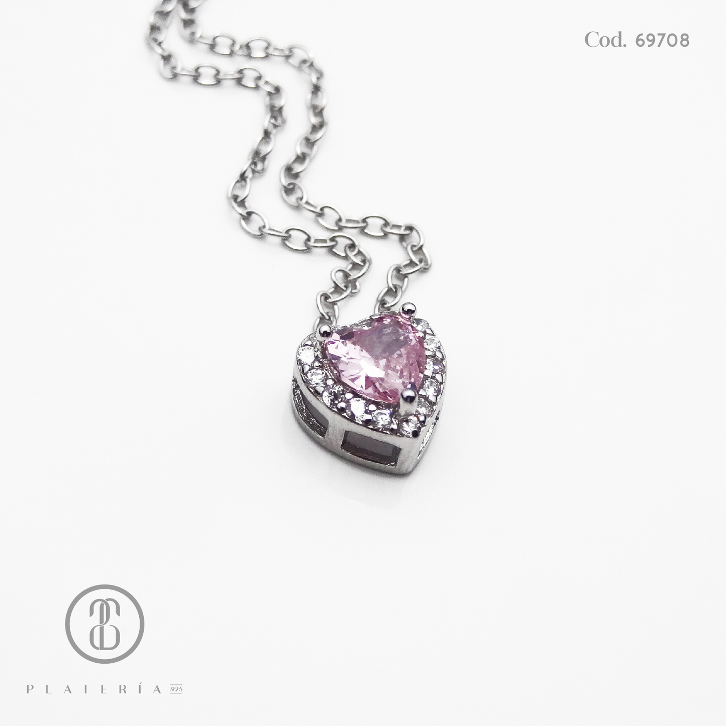 GARGANTILLA RODINADA CORAZON ZIRCON ROSADO PLATA.925