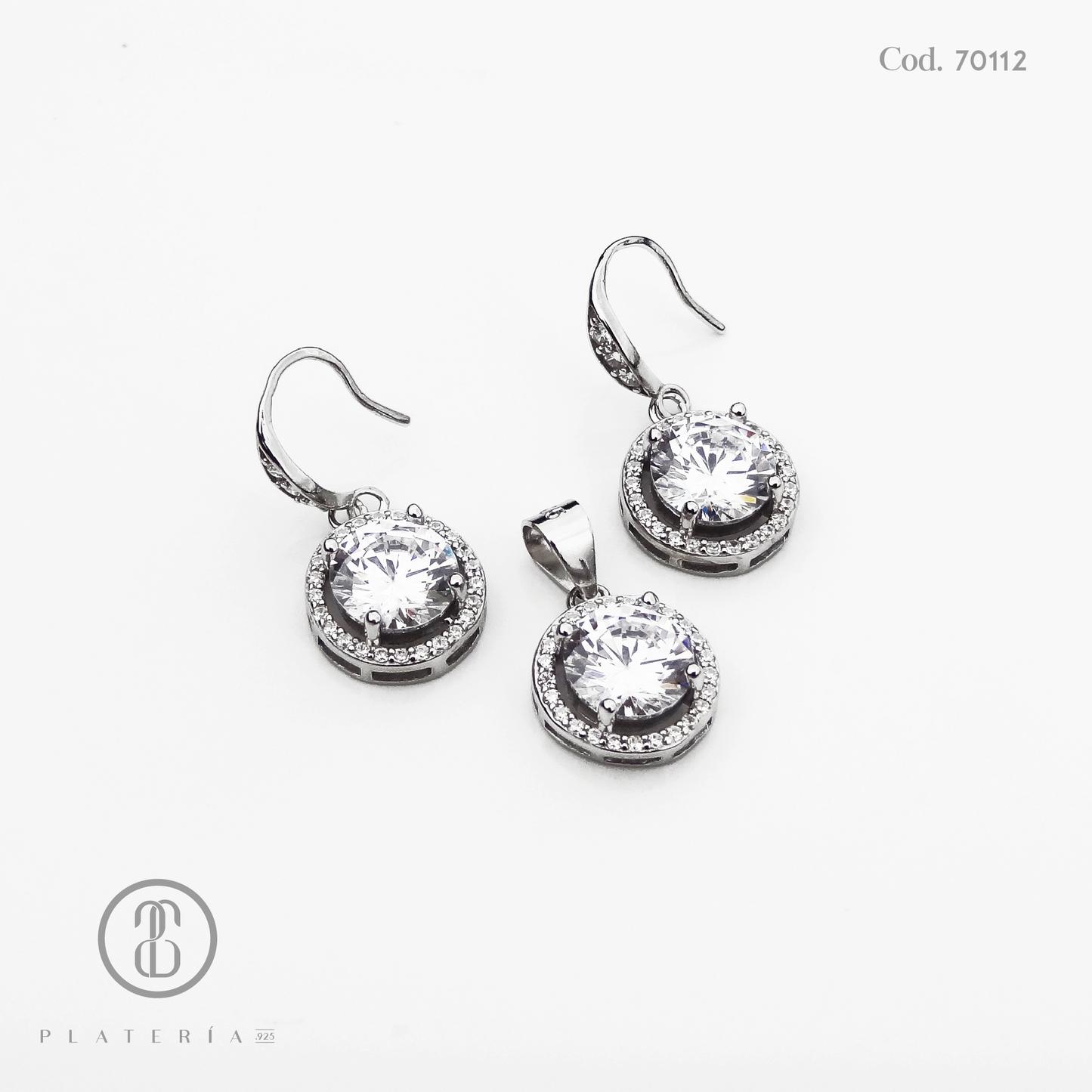 JUEGO RODINADO CON ARETE LARGO ZIRCON PLATA.925