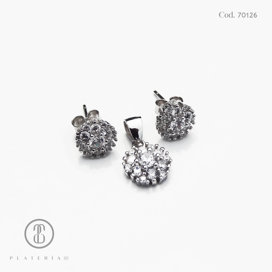 JUEGO RODINADO FLOR ZIRCON PLATA.925