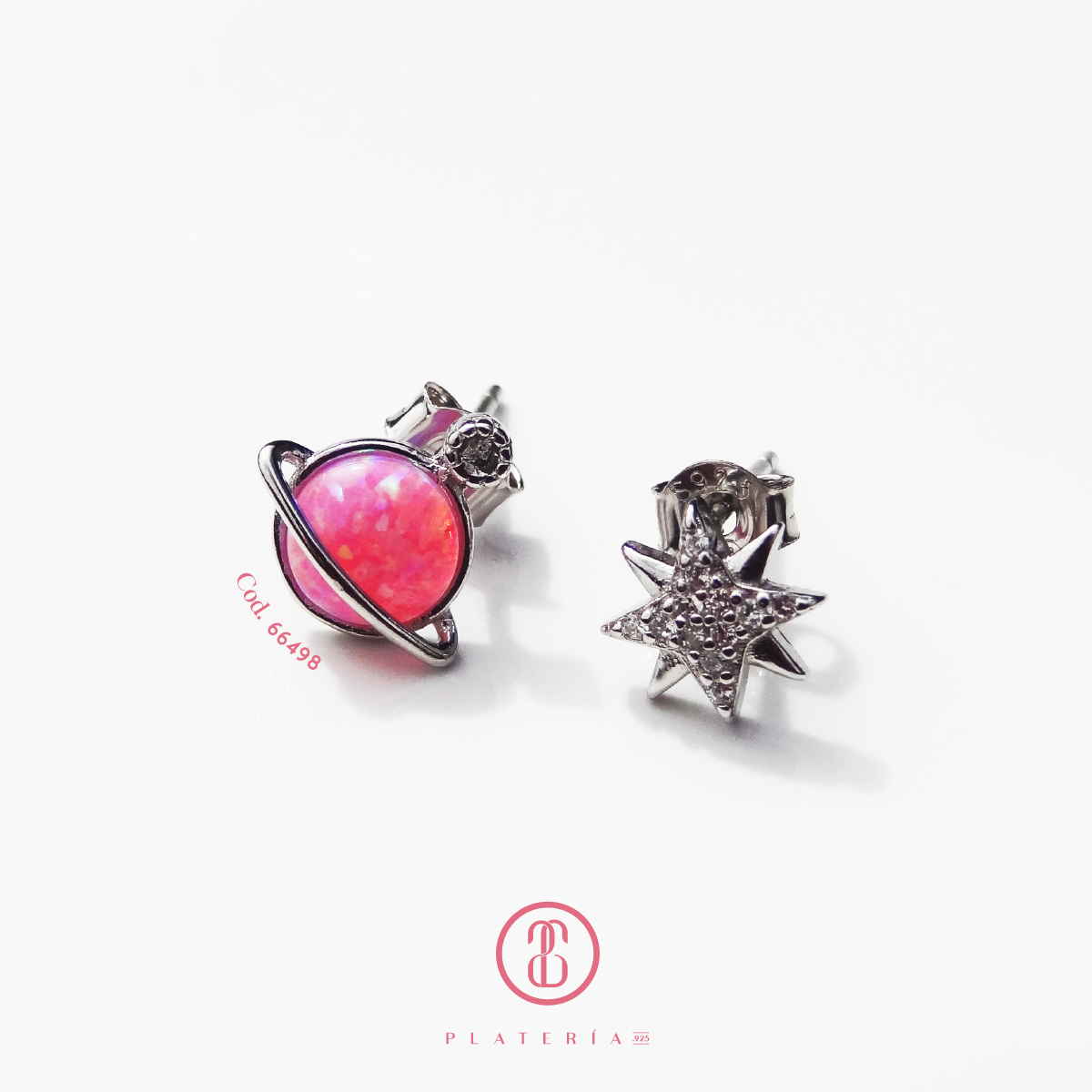 ARETE RODINADO MIS-MATCHED SATURNO EN OPALO ROSA PLATA.925