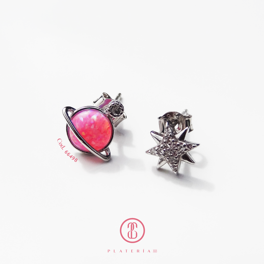 ARETE RODINADO MIS-MATCHED SATURNO EN OPALO ROSA PLATA.925