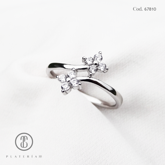 ANILLO RODINADO DOBLE FLOR ZIRCON PLATA.925