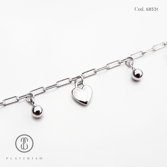 PULSERA RODINADA CORAZONES LISOS 17*3CM PLATA.925