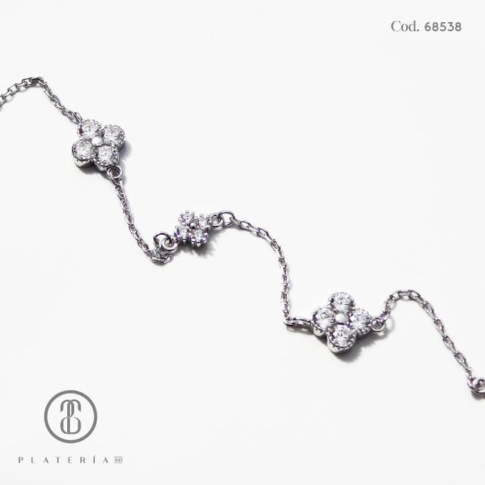 PULSERA RODINADA FLOR ZIRCON PLATA.925
