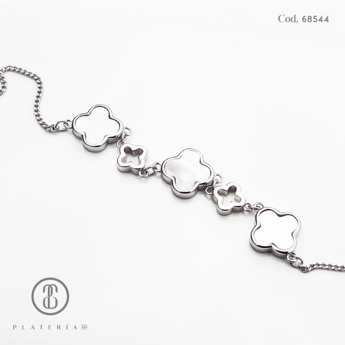 PULSERA RODINADA TREBOL NACAR 17*3CM PLATA.925