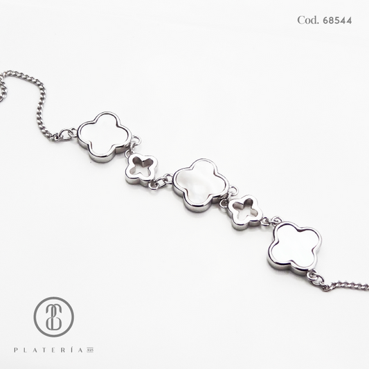 PULSERA RODINADA TREBOL NACAR 17*3CM PLATA.925