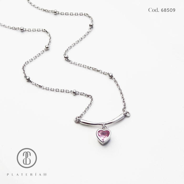 GARGANTILLA RODINADA CORAZON ROSA PLATA.925