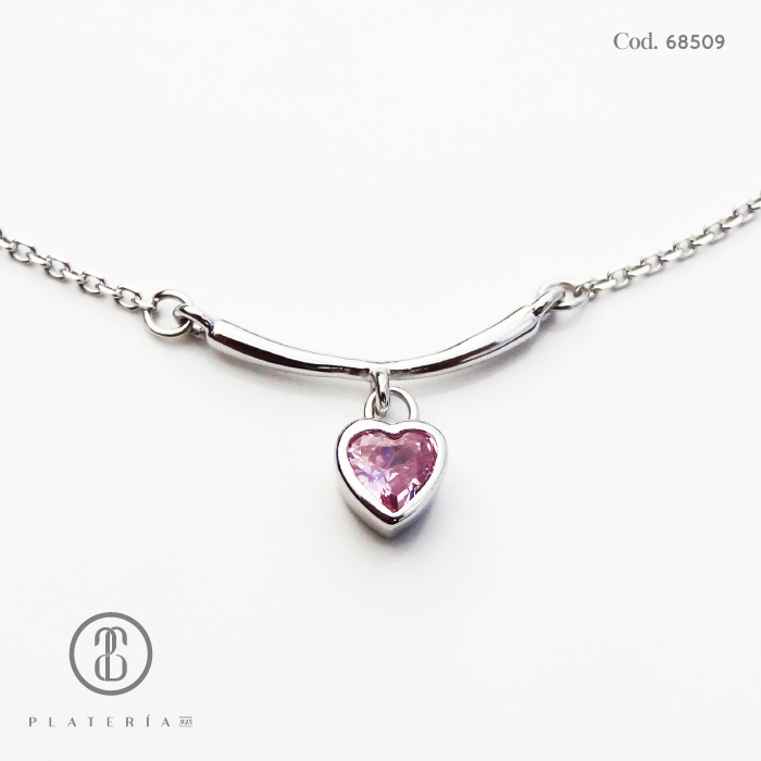 GARGANTILLA RODINADA CORAZON ROSA PLATA.925