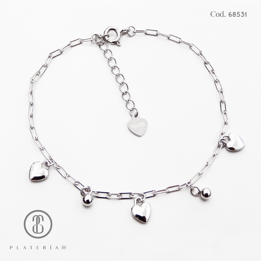 PULSERA RODINADA CORAZONES LISOS 17*3CM PLATA.925