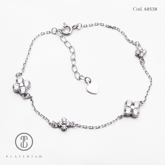 PULSERA RODINADA FLOR ZIRCON PLATA.925