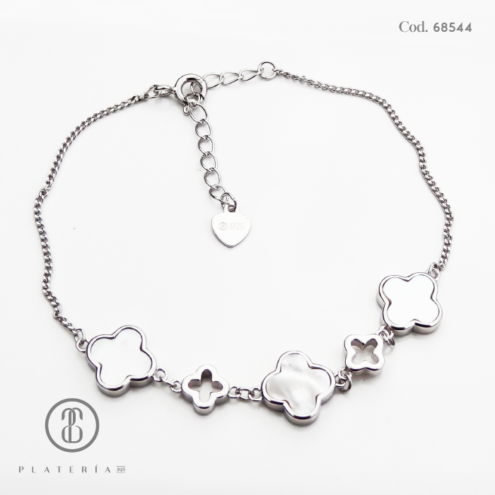 PULSERA RODINADA TREBOL NACAR 17*3CM PLATA.925