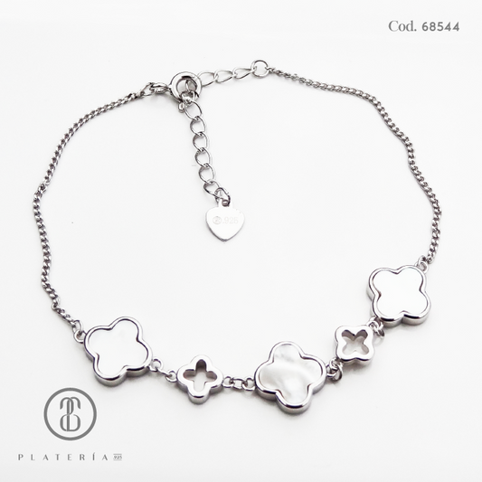 PULSERA RODINADA TREBOL NACAR 17*3CM PLATA.925