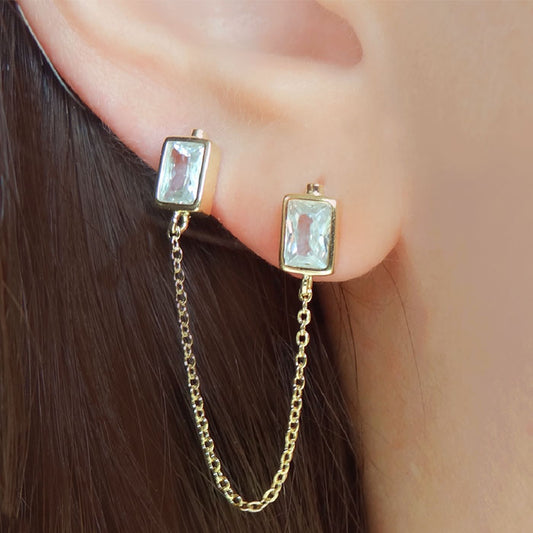 ARETE DORADO DOBLE CON CADENA PLATA.925