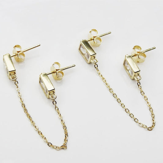 ARETE DORADO DOBLE CON CADENA PLATA.925