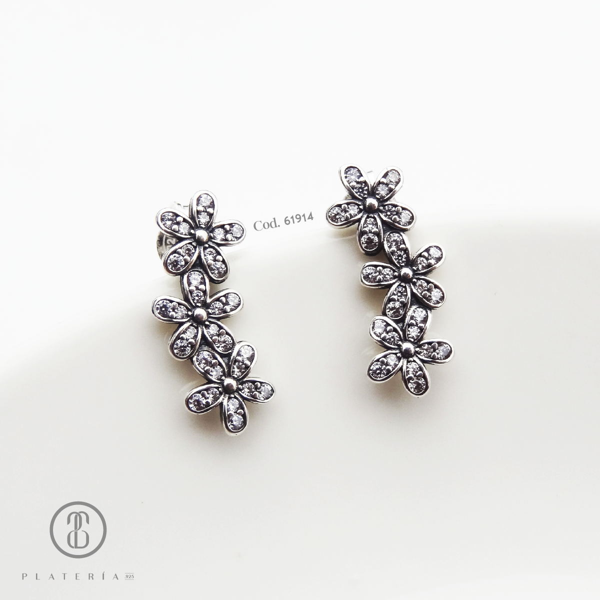 ARETE RODINADO 3 FLORES PLATA.925