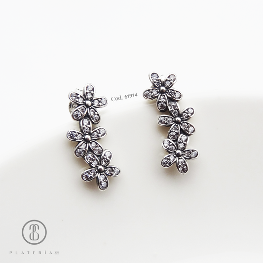 ARETE RODINADO 3 FLORES PLATA.925