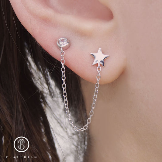 CHAIN EARRING RODINADO ESTRELLA  PLATA.925