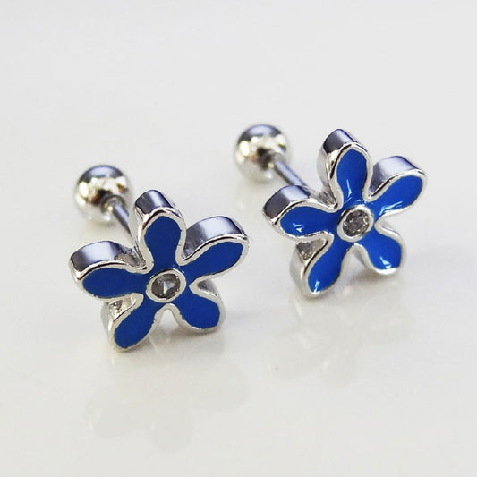 ARETE RODINADO CIERRE BOLITA FLOR AZUL PLATA.925