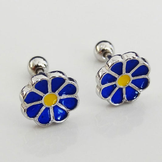 ARETE RODINADO CIERRE BOLITA FLOR AZUL PLATA.925