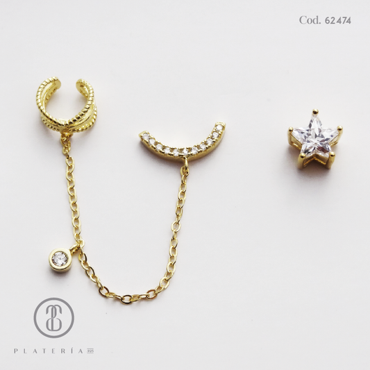 SET CHAIN EARRING DORADO ESTRELLA PLATA.925