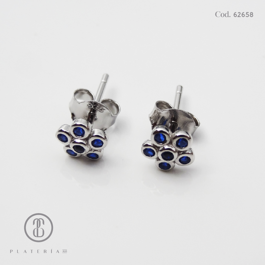 ARETE RODINADO FLOR AZUL PLATA.925