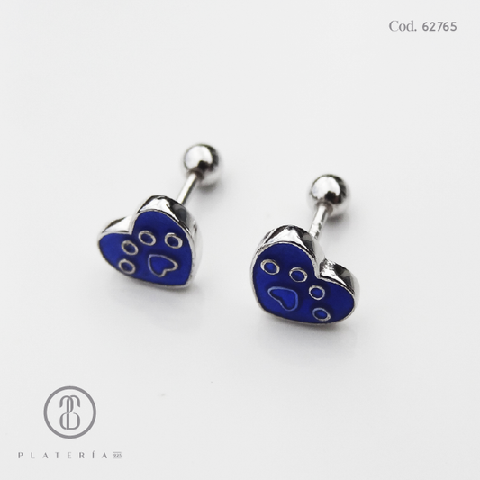 ARETE RODINADO CIERRE BOLITA CORAZON AZUL PLATA.925