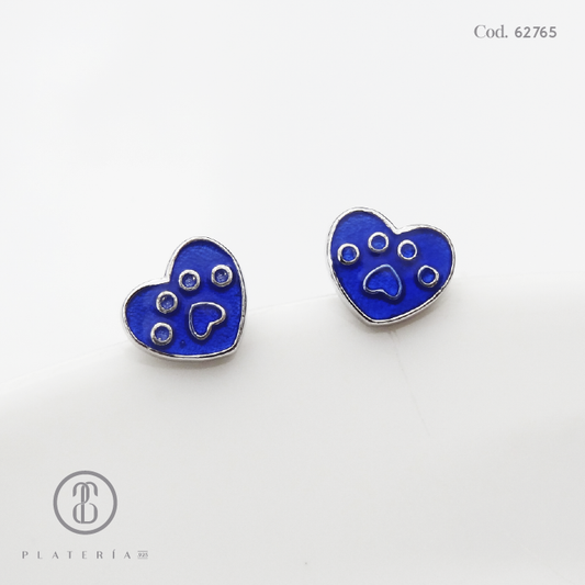 ARETE RODINADO CIERRE BOLITA CORAZON AZUL PLATA.925