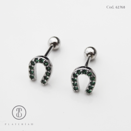 ARETE RODINADO CIERRE BOLITA HERRADURA VERDE PLATA.925
