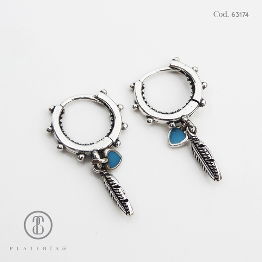 HUGGIE RODINADO PLUMA CORAZON AZUL PLATA.925
